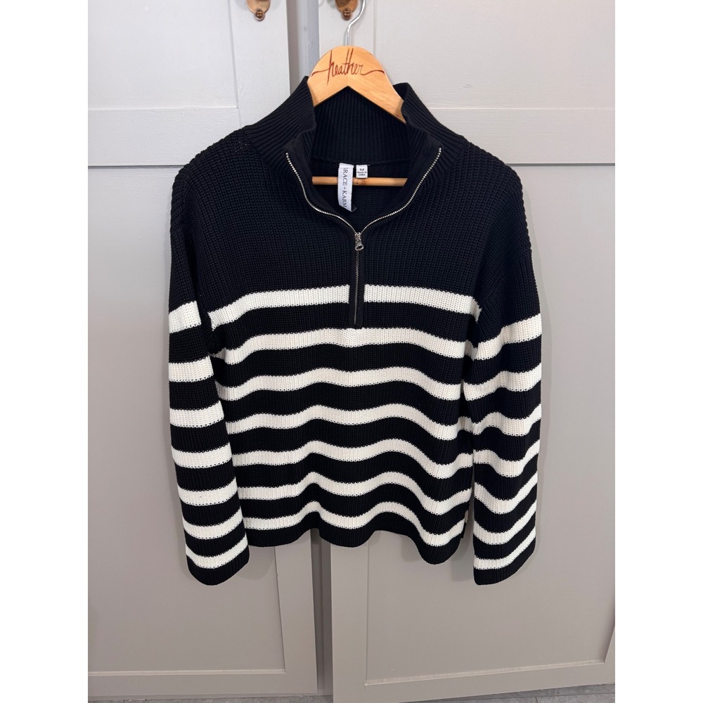 Grace +‎ Karma Womens Black White Striped Quarter Zip Sweater Ribbed Knit Medium